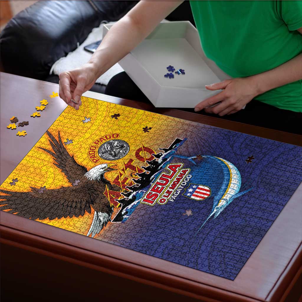 American Samoa Fautasi Puzzle Bald Eage and Sailfish with Kakau Motifs - Polynesian Pride