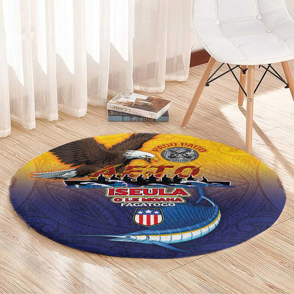American Samoa Fautasi Round Carpet Bald Eage and Sailfish with Kakau Motifs - Polynesian Pride
