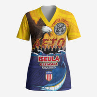American Samoa Fautasi Scrub Top Bald Eage and Sailfish with Kakau Motifs LT03 Adult Yellow - Polynesian Pride