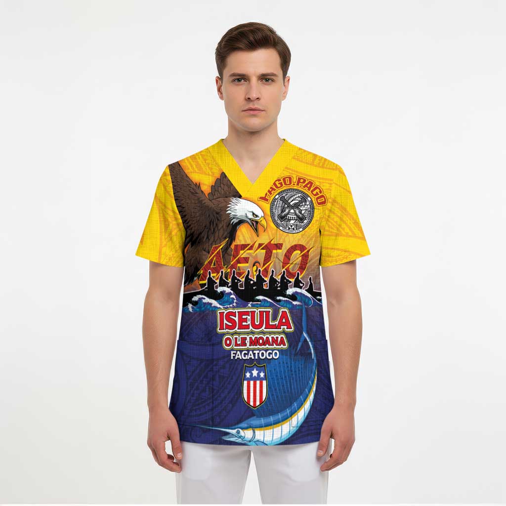 American Samoa Fautasi Scrub Top Bald Eage and Sailfish with Kakau Motifs LT03 - Polynesian Pride