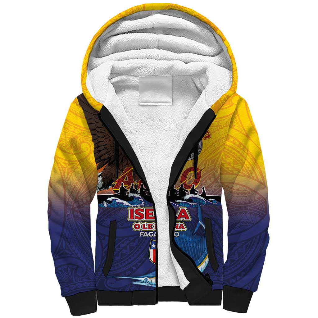 American Samoa Fautasi Sherpa Hoodie Bald Eage and Sailfish with Kakau Motifs - Polynesian Pride