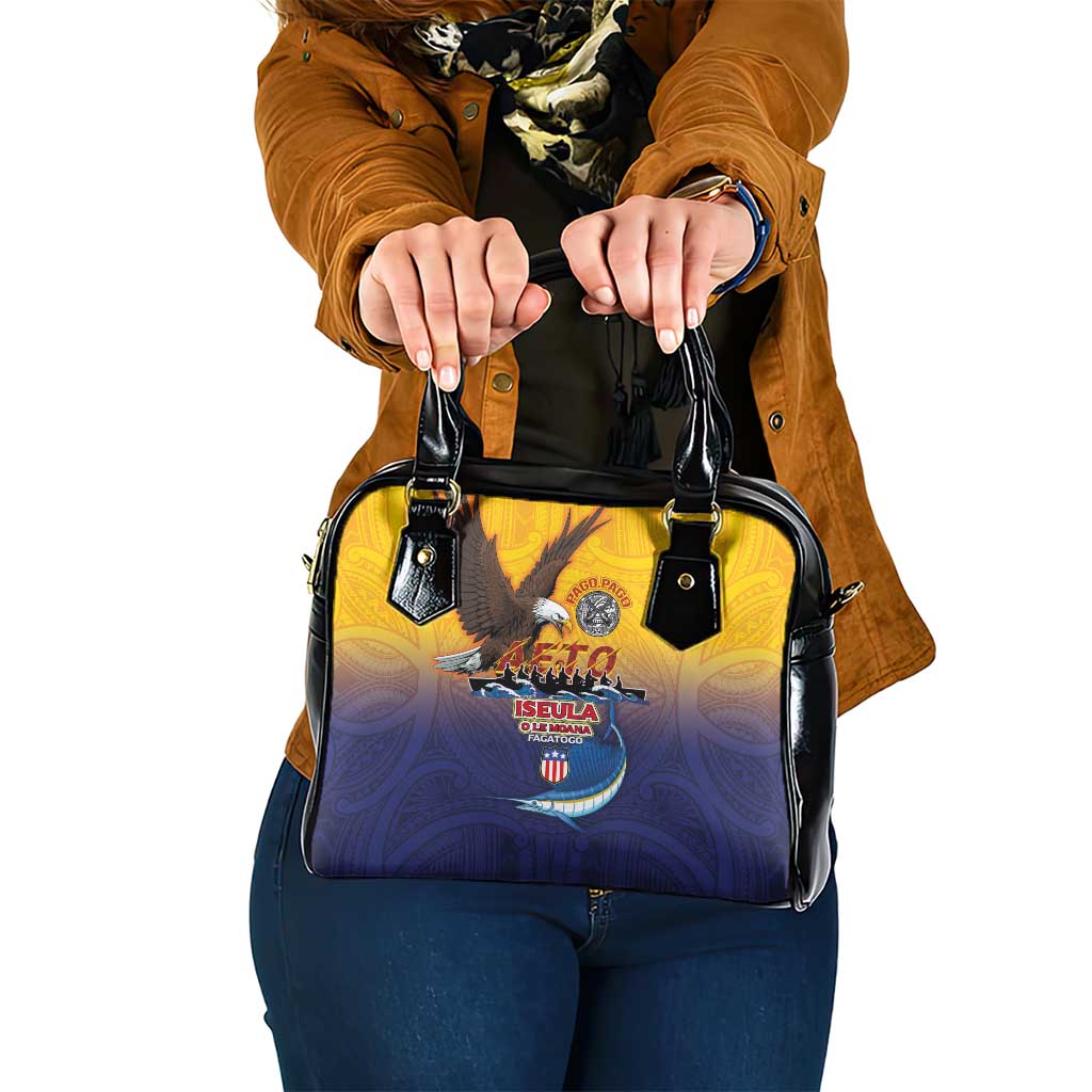 American Samoa Fautasi Shoulder Handbag Bald Eage and Sailfish with Kakau Motifs - Polynesian Pride