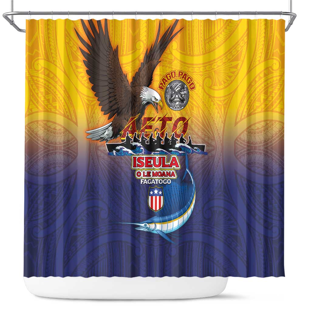 American Samoa Fautasi Shower Curtain Bald Eage and Sailfish with Kakau Motifs - Polynesian Pride