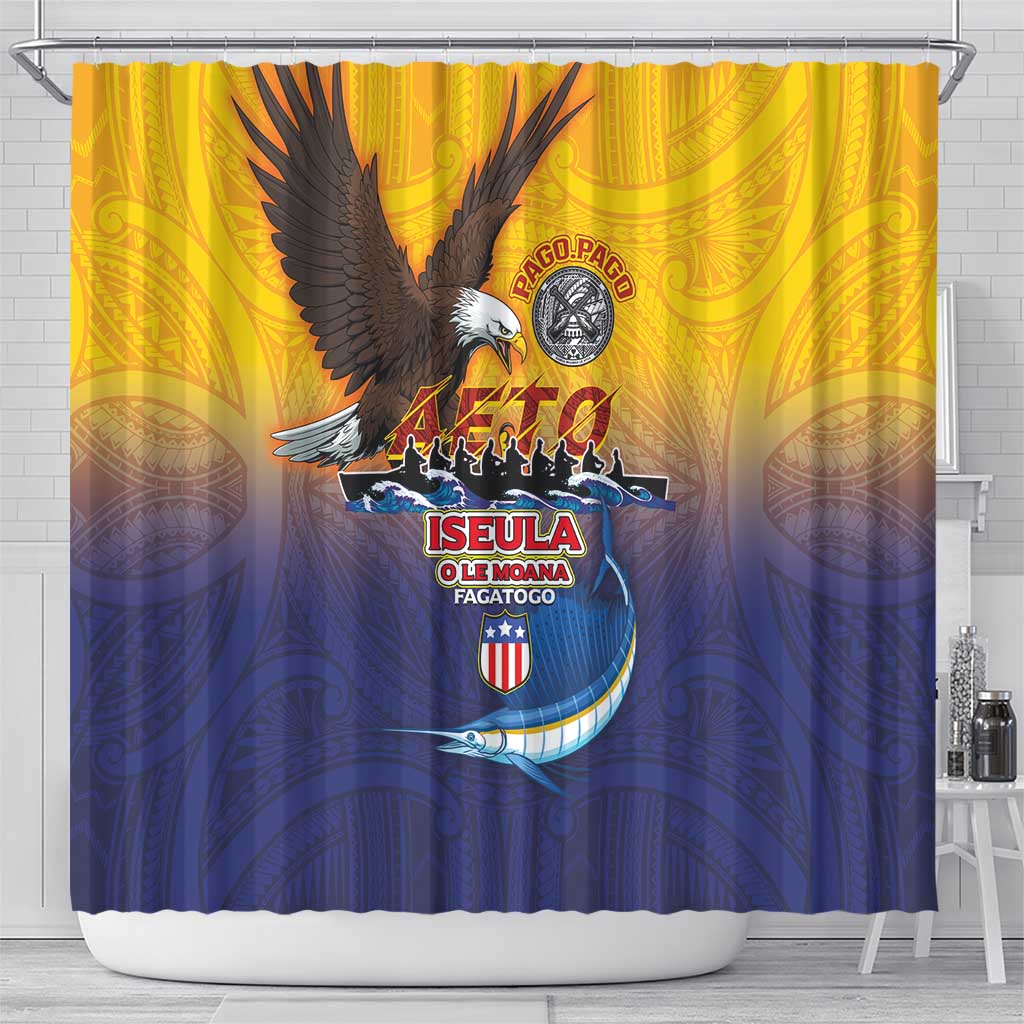 American Samoa Fautasi Shower Curtain Bald Eage and Sailfish with Kakau Motifs - Polynesian Pride