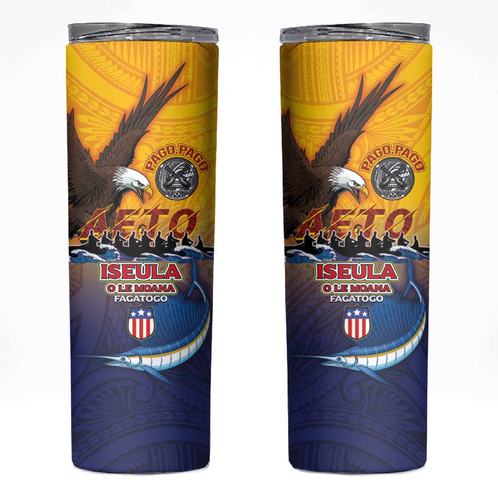 American Samoa Fautasi Skinny Tumbler Bald Eage and Sailfish with Kakau Motifs - Polynesian Pride