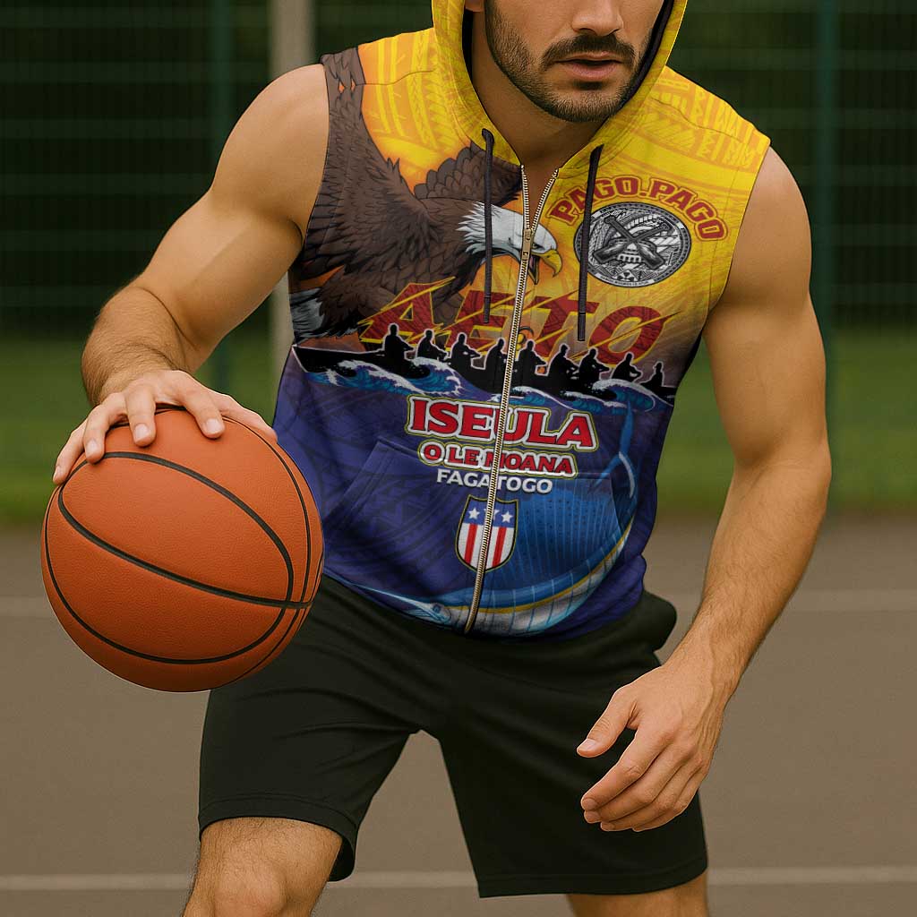 American Samoa Fautasi Sleeveless Zip Hoodie Bald Eage and Sailfish with Kakau Motifs - Polynesian Pride