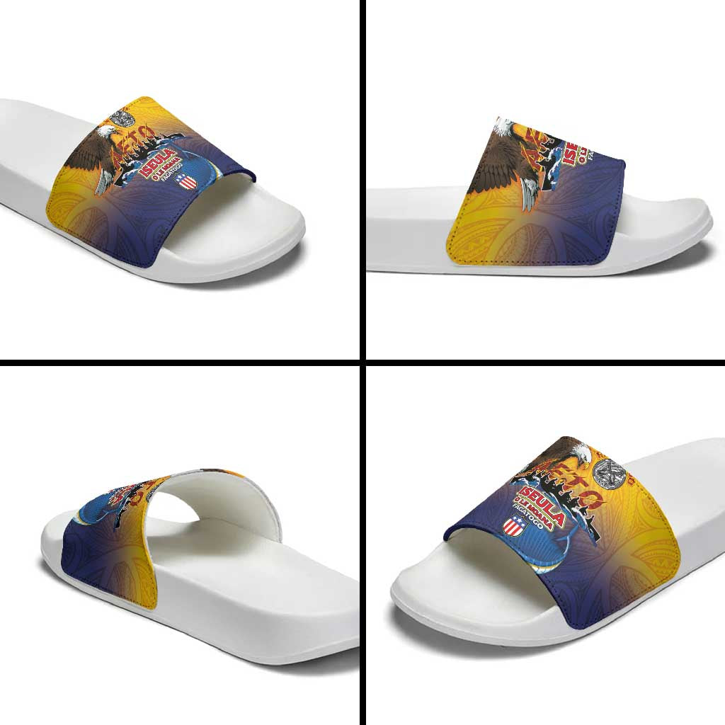 American Samoa Fautasi Slide Sandals Bald Eage and Sailfish with Kakau Motifs - Polynesian Pride