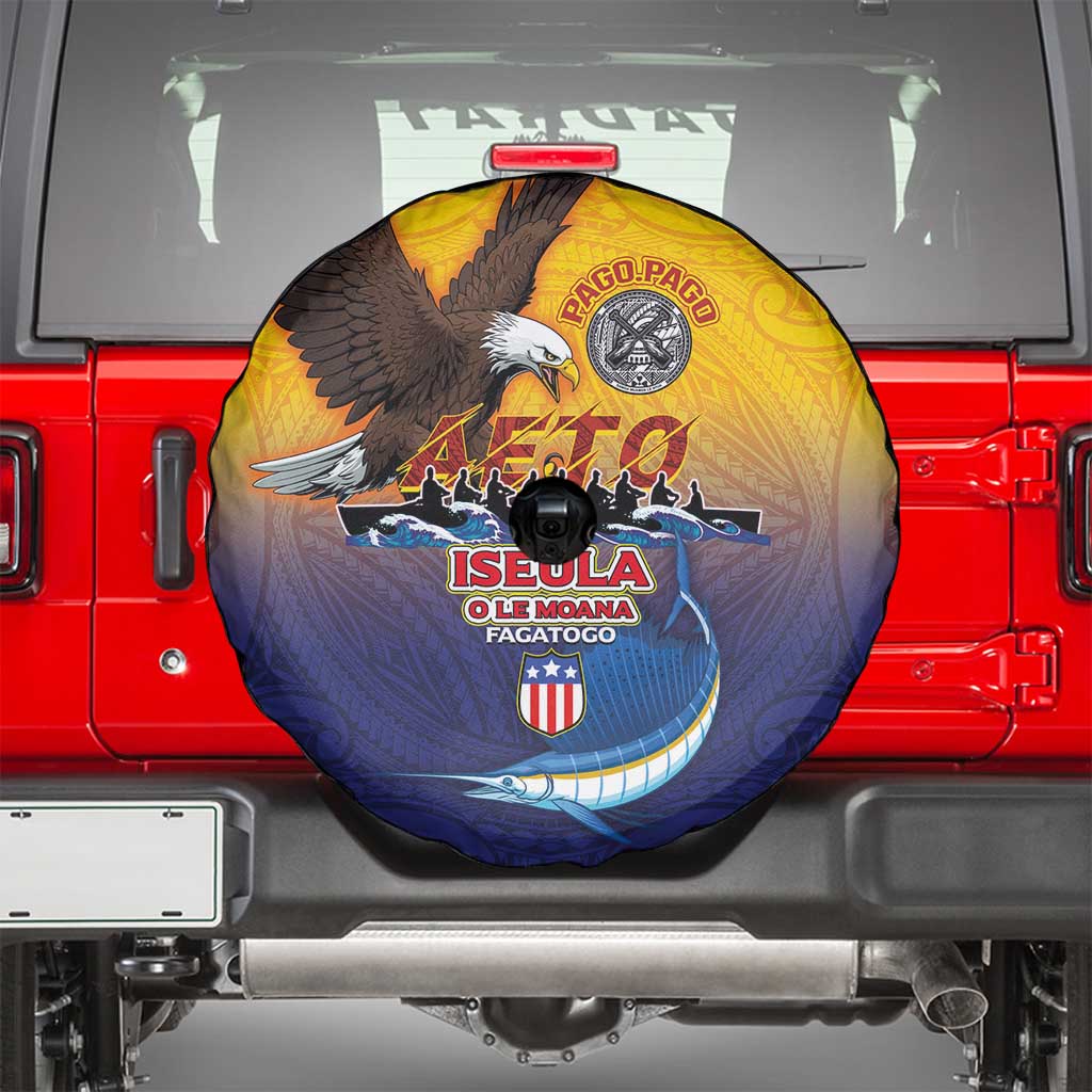 American Samoa Fautasi Spare Tire Cover Bald Eage and Sailfish with Kakau Motifs - Polynesian Pride