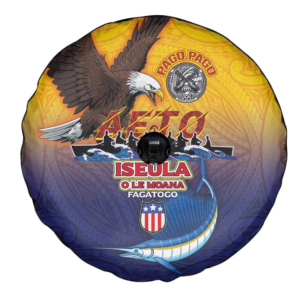 American Samoa Fautasi Spare Tire Cover Bald Eage and Sailfish with Kakau Motifs - Polynesian Pride