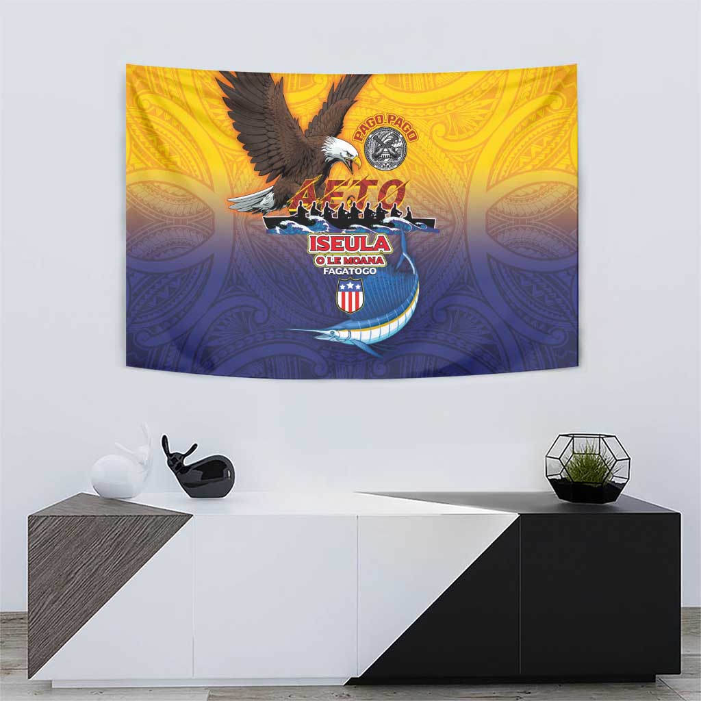 American Samoa Fautasi Tapestry Bald Eage and Sailfish with Kakau Motifs - Polynesian Pride
