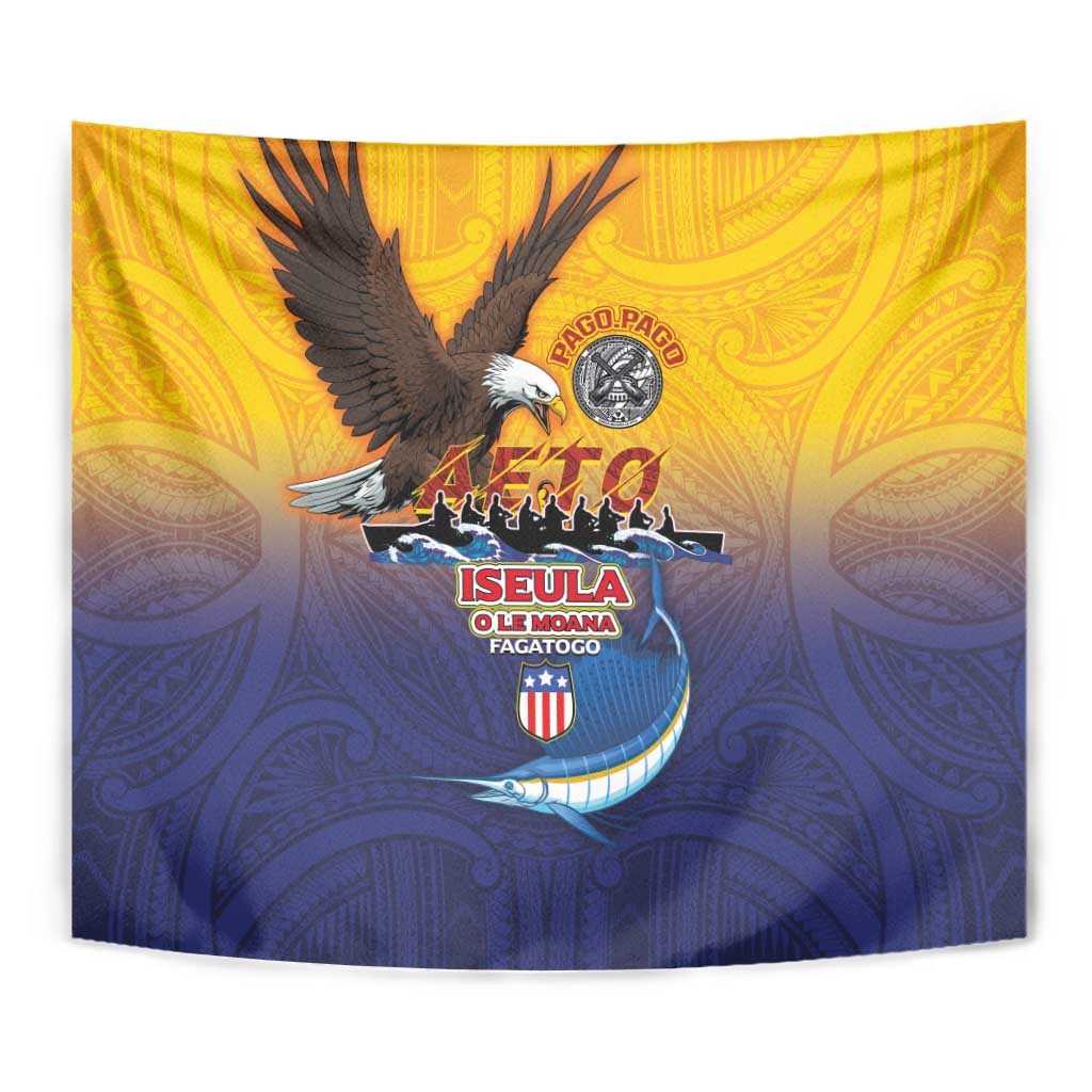American Samoa Fautasi Tapestry Bald Eage and Sailfish with Kakau Motifs - Polynesian Pride