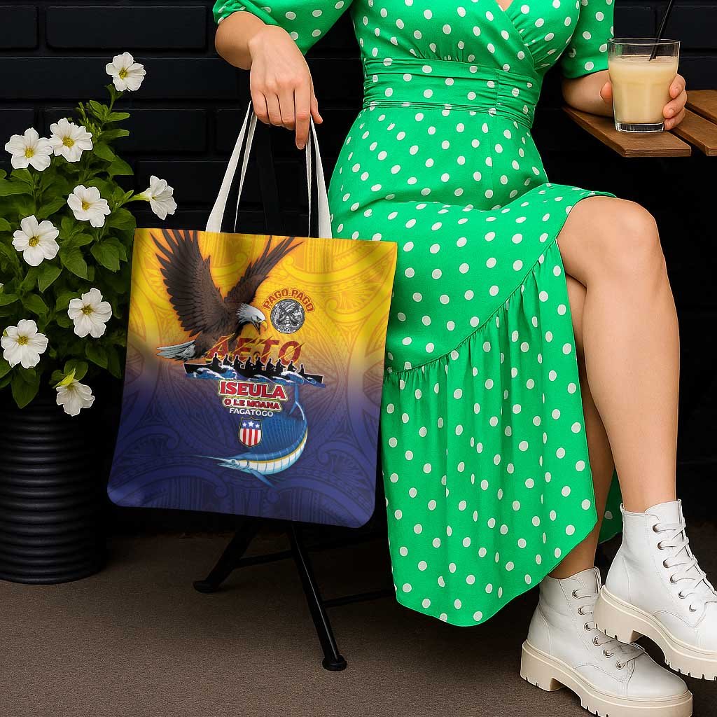 American Samoa Fautasi Tote Bag Bald Eage and Sailfish with Kakau Motifs - Polynesian Pride