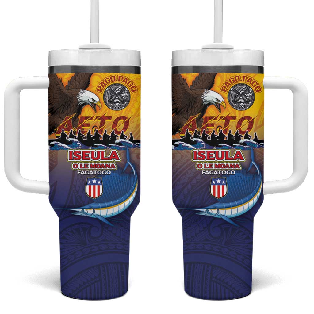 American Samoa Fautasi Tumbler With Handle Bald Eage and Sailfish with Kakau Motifs - Polynesian Pride