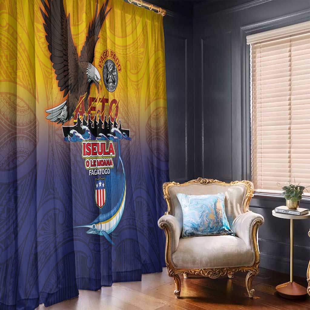 American Samoa Fautasi Window Curtain Bald Eage and Sailfish with Kakau Motifs - Polynesian Pride