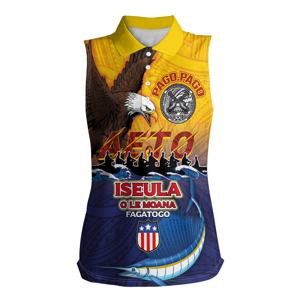 American Samoa Fautasi Women Sleeveless Polo Shirt Bald Eage and Sailfish with Kakau Motifs - Polynesian Pride