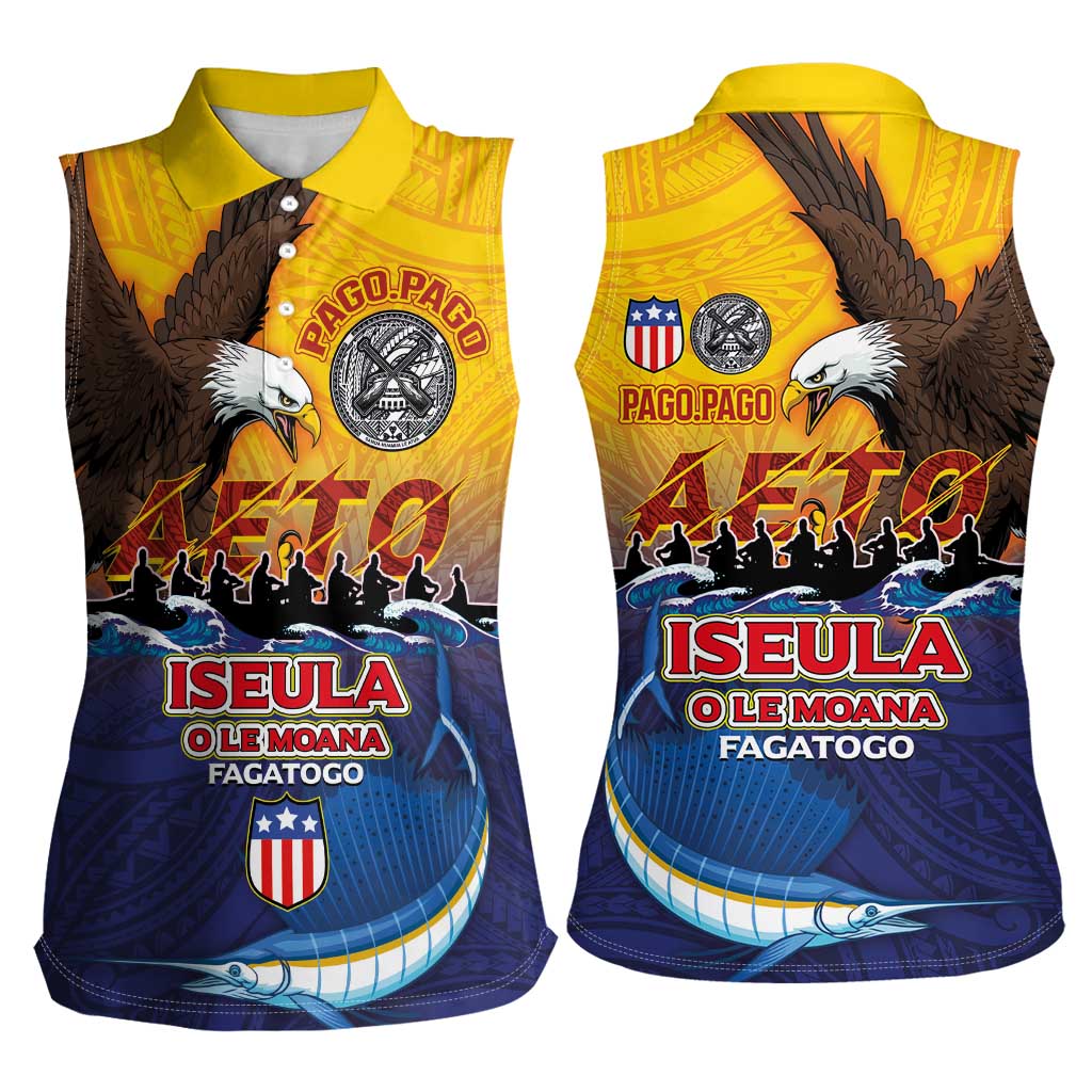 American Samoa Fautasi Women Sleeveless Polo Shirt Bald Eage and Sailfish with Kakau Motifs - Polynesian Pride