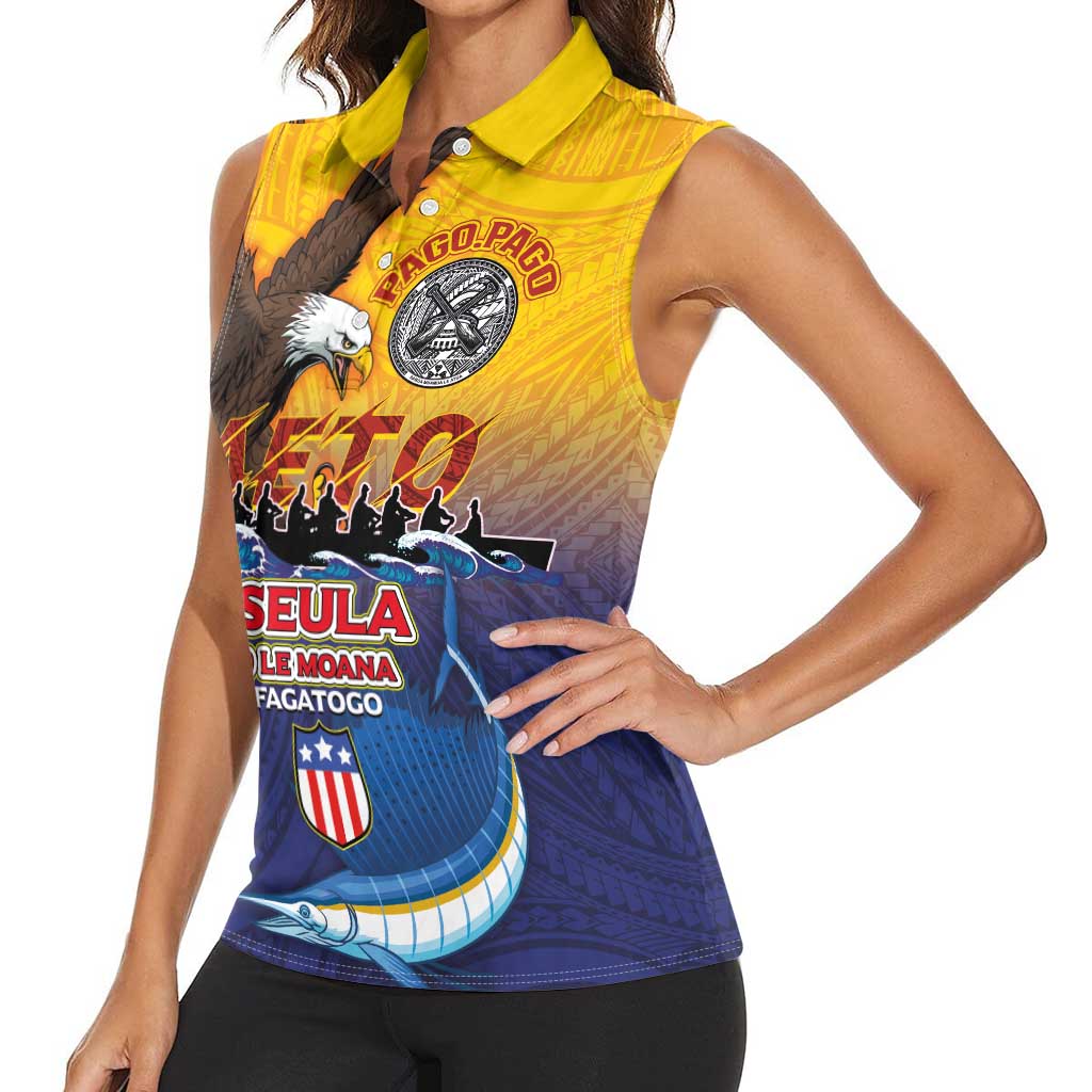 American Samoa Fautasi Women Sleeveless Polo Shirt Bald Eage and Sailfish with Kakau Motifs - Polynesian Pride