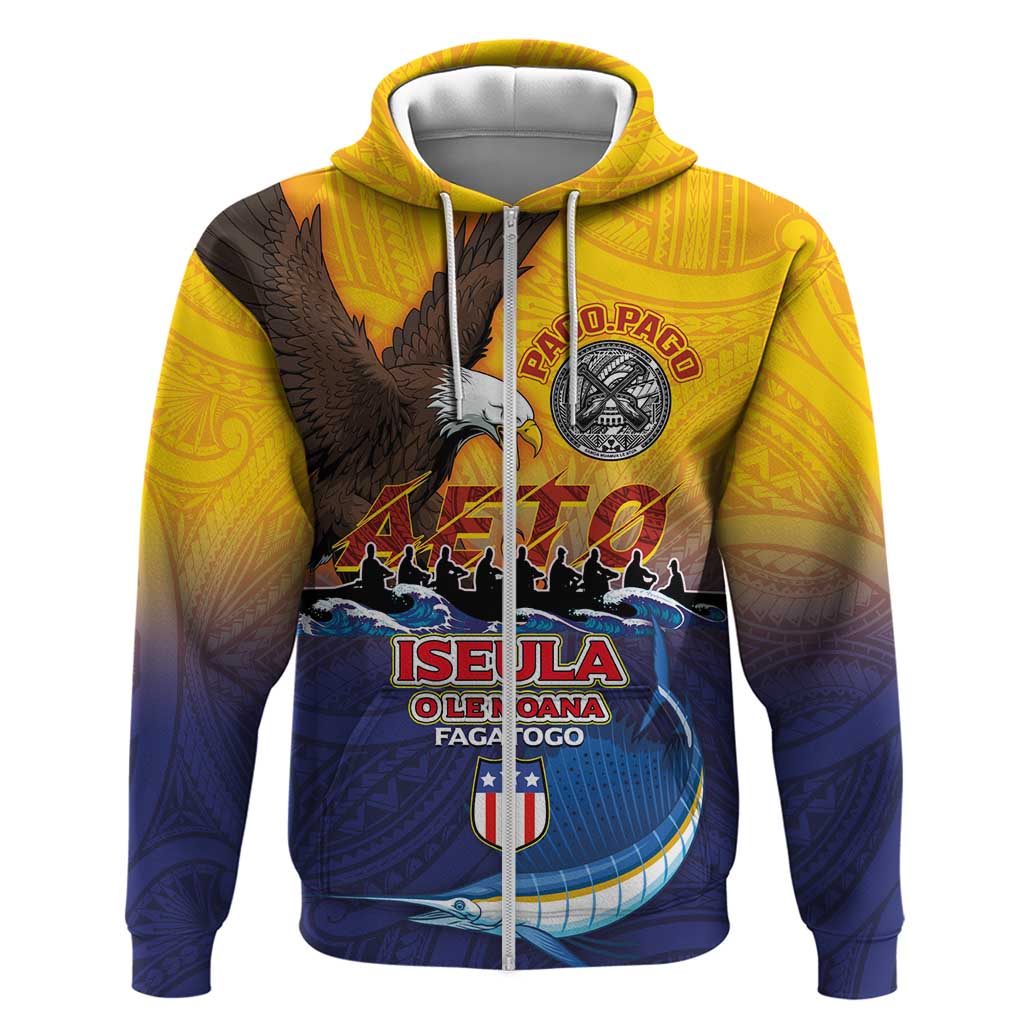 American Samoa Fautasi Zip Hoodie Bald Eage and Sailfish with Kakau Motifs - Polynesian Pride
