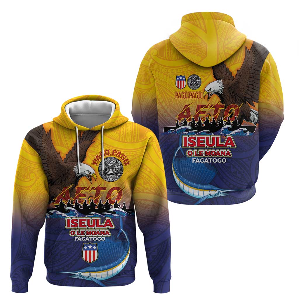 American Samoa Fautasi Zip Hoodie Bald Eage and Sailfish with Kakau Motifs - Polynesian Pride