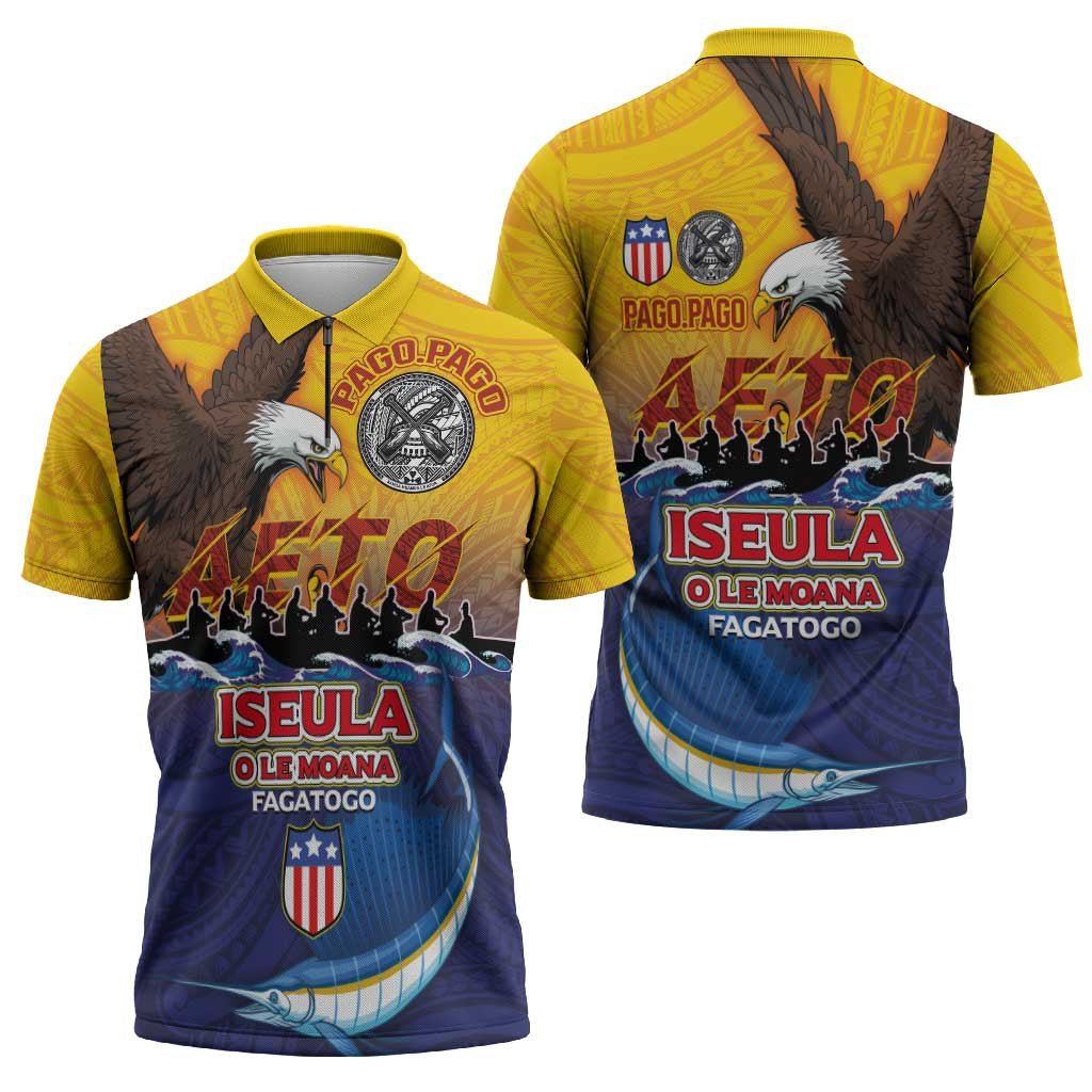 American Samoa Fautasi Zipper Polo Shirt Bald Eage and Sailfish with Kakau Motifs - Polynesian Pride