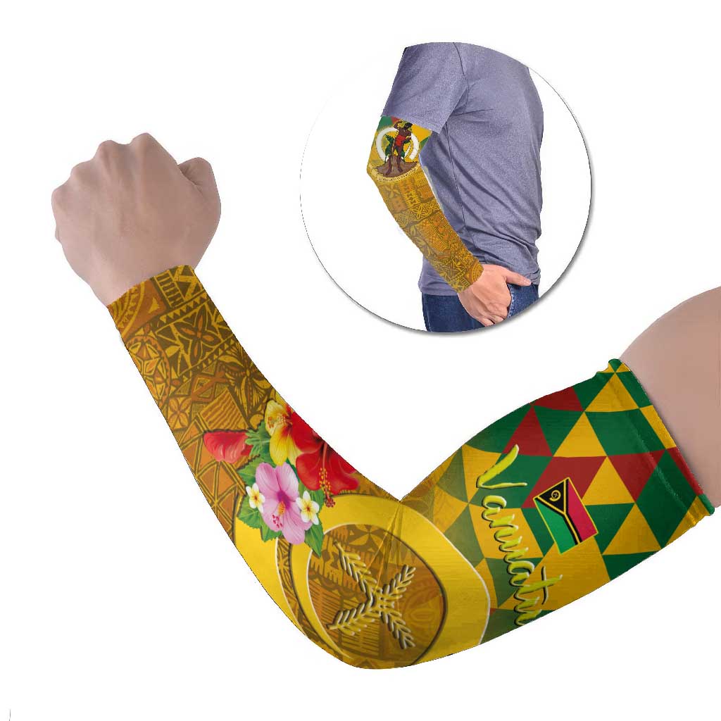 Melanesian Vanuatu Arm Sleeves With Tapa Tribal Pattern and Triangle Geometric Tricolor - Polynesian Pride