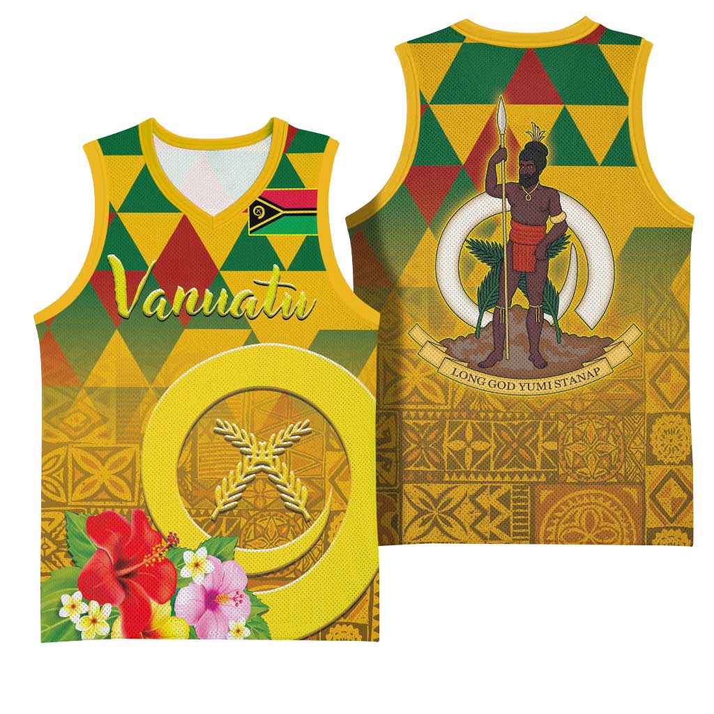 Melanesian Vanuatu Basketball Jersey With Tapa Tribal Pattern and Triangle Geometric Tricolor LT03 - Polynesian Pride