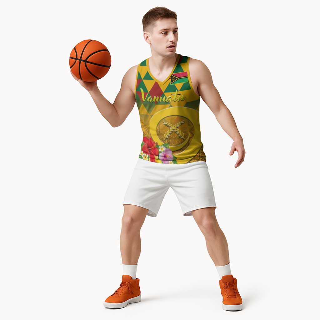 Melanesian Vanuatu Basketball Jersey With Tapa Tribal Pattern and Triangle Geometric Tricolor LT03 - Polynesian Pride