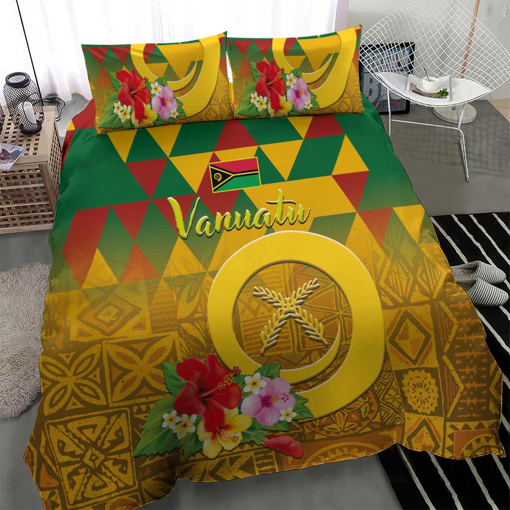 Melanesian Vanuatu Bedding Set With Tapa Tribal Pattern and Triangle Geometric Tricolor - Polynesian Pride
