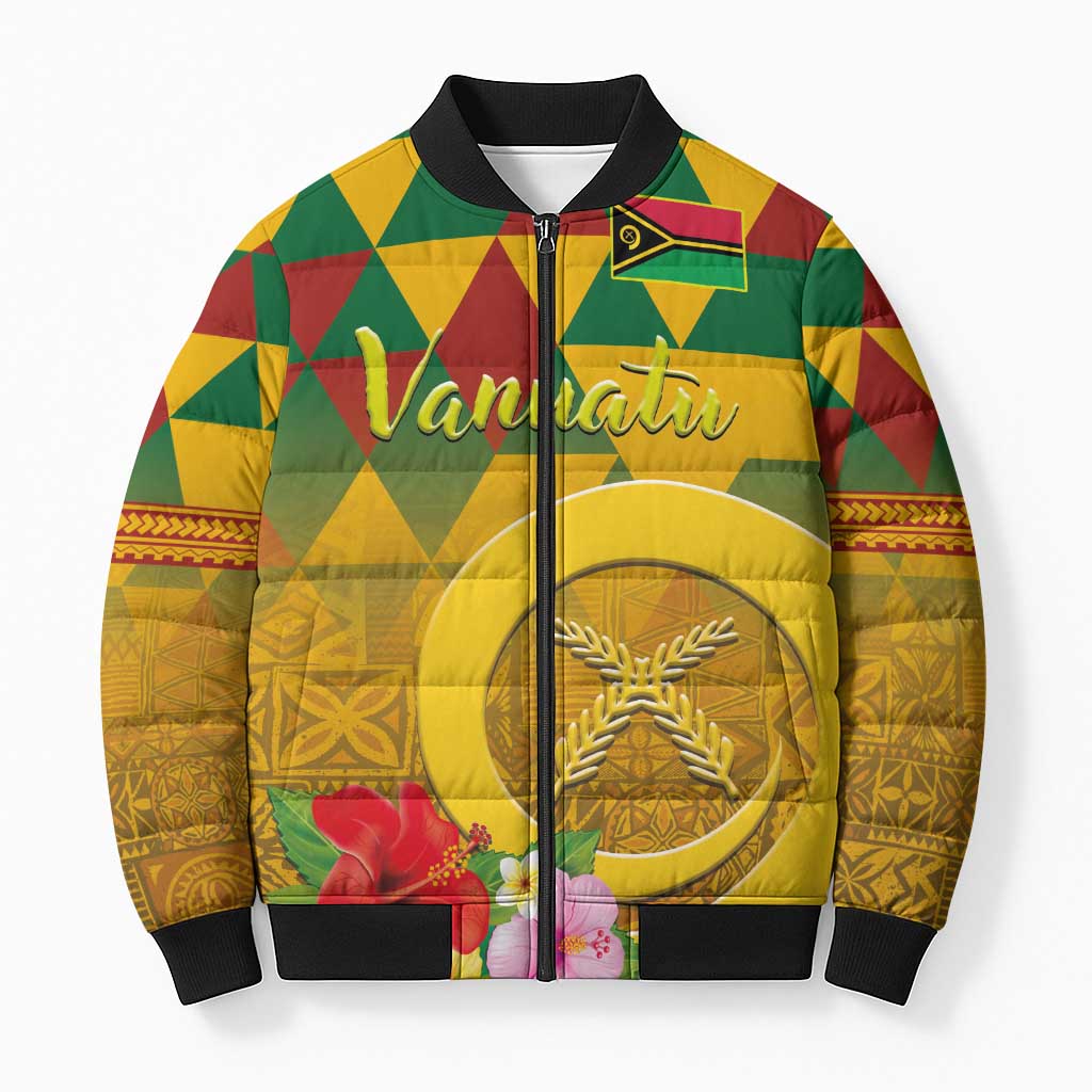 Melanesian Vanuatu Bomber Puffer Jacket With Tapa Tribal Pattern and Triangle Geometric Tricolor LT03 Unisex Yellow - Polynesian Pride