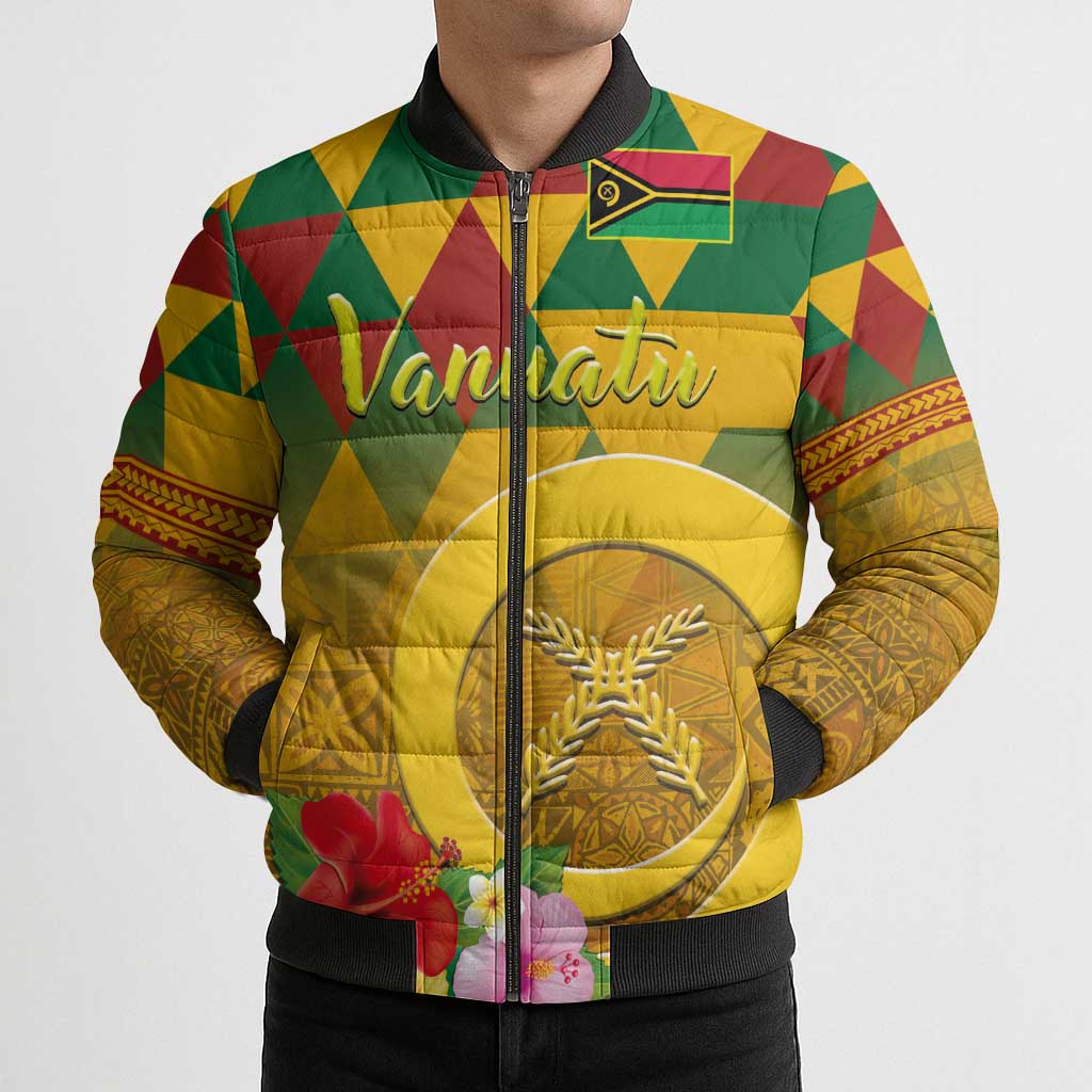 Melanesian Vanuatu Bomber Puffer Jacket With Tapa Tribal Pattern and Triangle Geometric Tricolor LT03 - Polynesian Pride