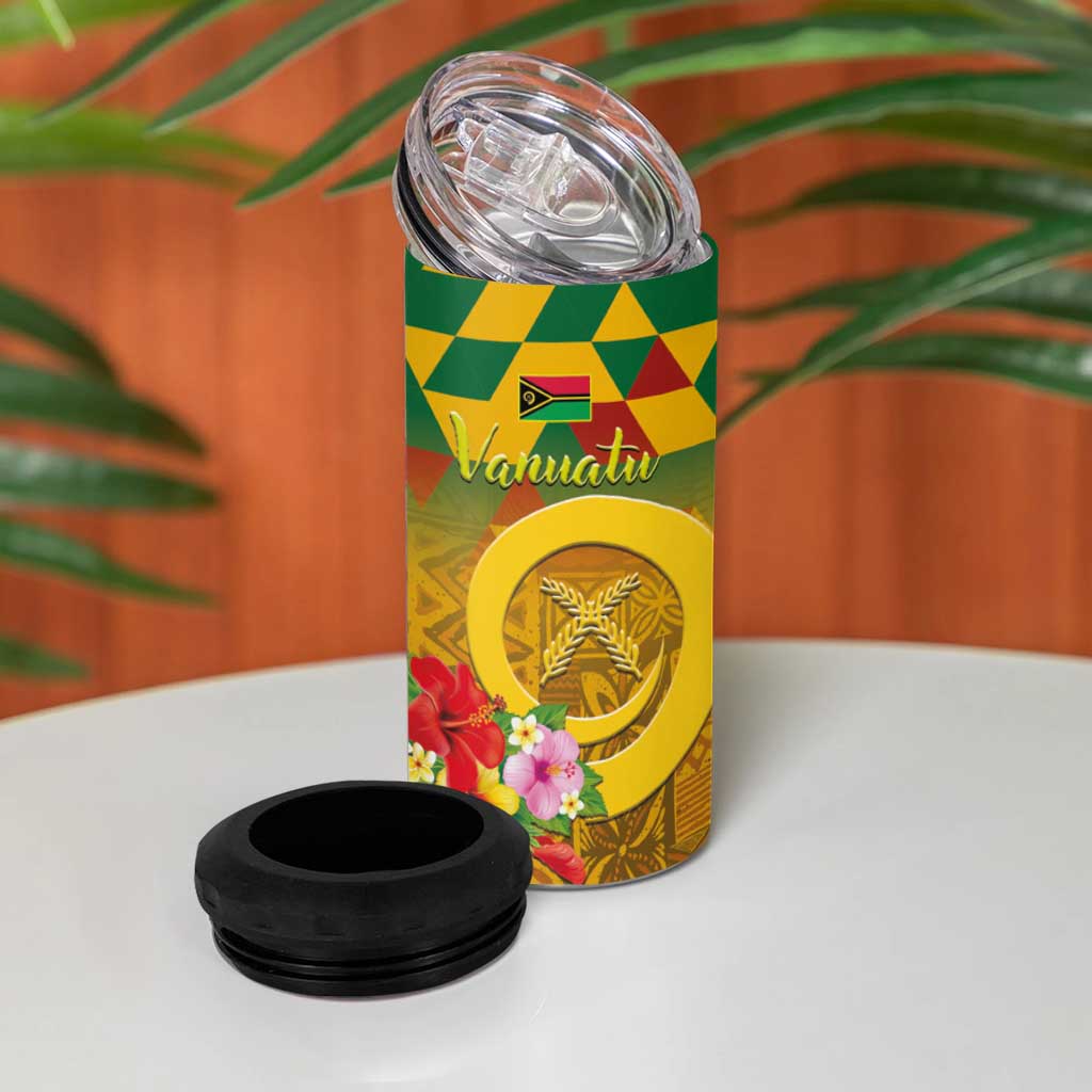 Melanesian Vanuatu 4 in 1 Can Cooler Tumbler With Tapa Tribal Pattern and Triangle Geometric Tricolor LT03 - Polynesian Pride