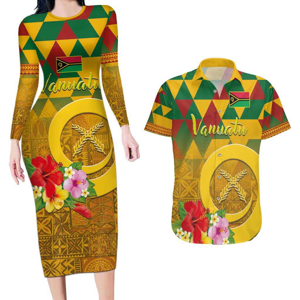 Melanesian Vanuatu Couples Matching Long Sleeve Bodycon Dress and Hawaiian Shirt With Tapa Tribal Pattern and Triangle Geometric Tricolor - Polynesian Pride