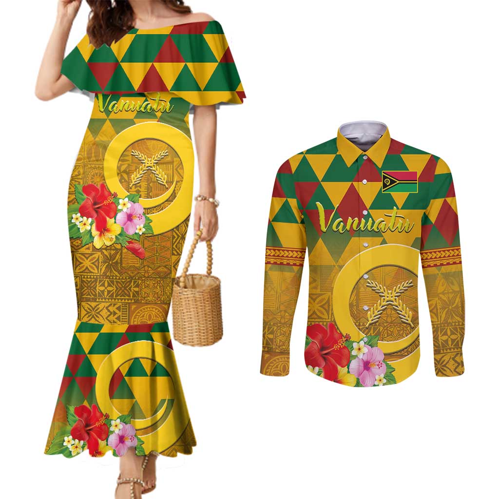 Melanesian Vanuatu Couples Matching Mermaid Dress and Long Sleeve Button Shirt With Tapa Tribal Pattern and Triangle Geometric Tricolor LT03 Yellow - Polynesian Pride