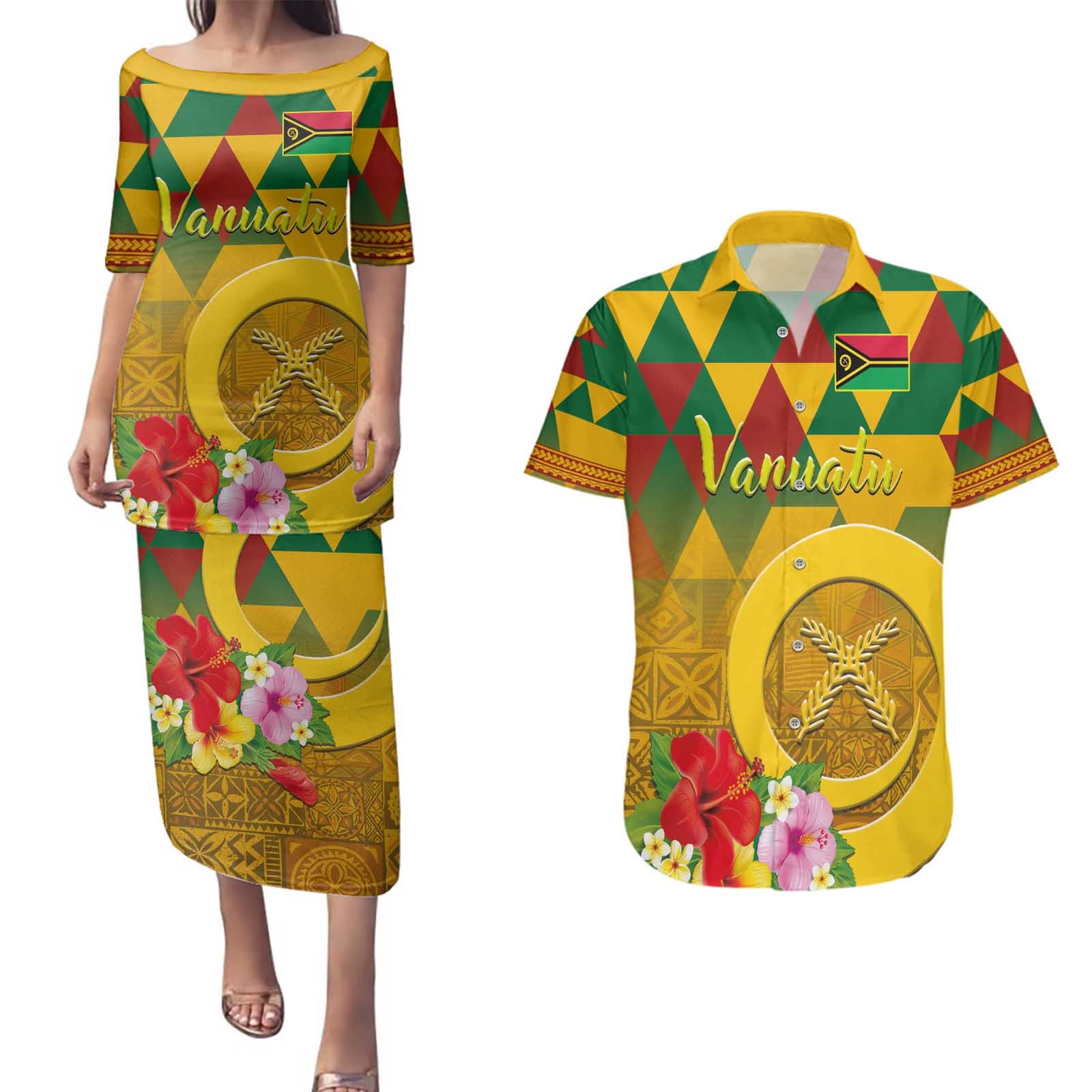Melanesian Vanuatu Couples Matching Puletasi and Hawaiian Shirt With Tapa Tribal Pattern and Triangle Geometric Tricolor LT03 Yellow - Polynesian Pride