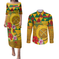Melanesian Vanuatu Couples Matching Puletasi and Long Sleeve Button Shirt With Tapa Tribal Pattern and Triangle Geometric Tricolor LT03 Yellow - Polynesian Pride