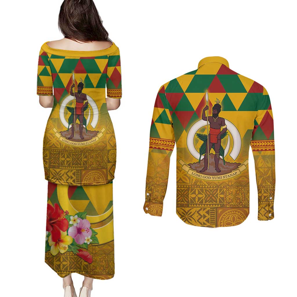 Melanesian Vanuatu Couples Matching Puletasi and Long Sleeve Button Shirt With Tapa Tribal Pattern and Triangle Geometric Tricolor LT03 - Polynesian Pride