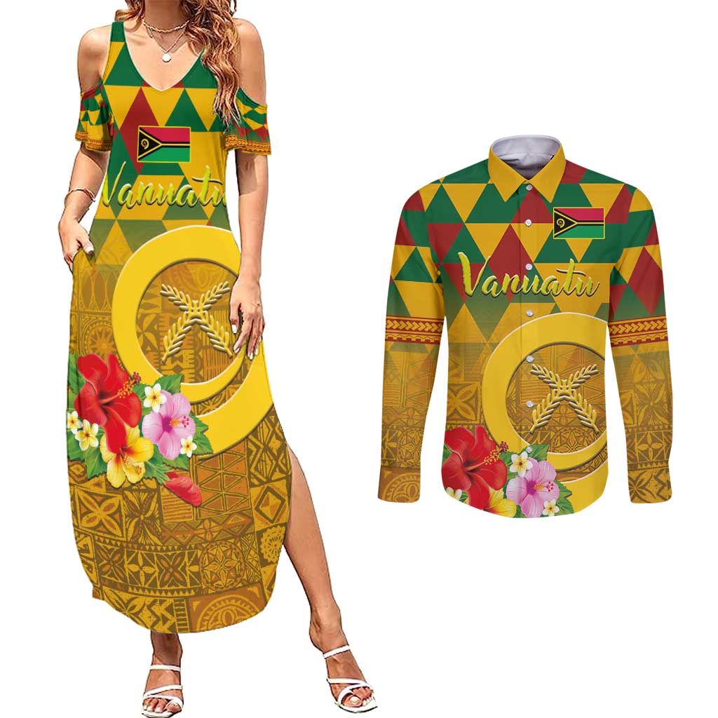 Melanesian Vanuatu Couples Matching Summer Maxi Dress and Long Sleeve Button Shirt With Tapa Tribal Pattern and Triangle Geometric Tricolor LT03 Yellow - Polynesian Pride