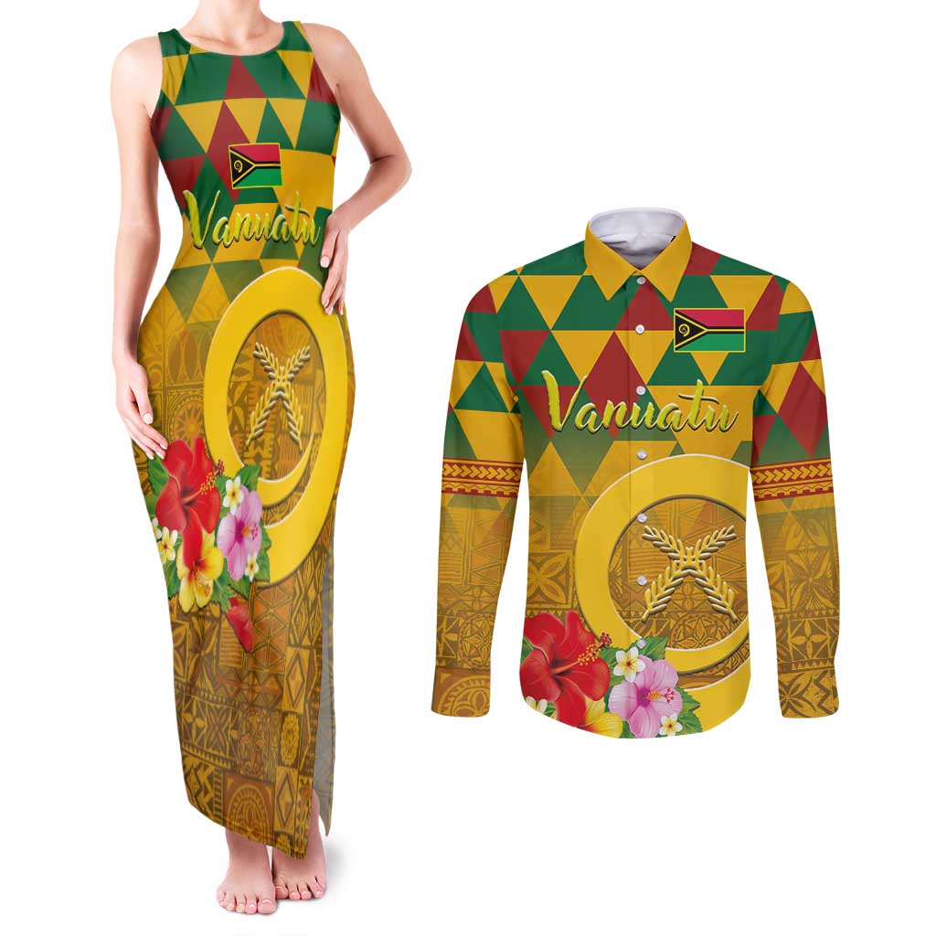 Melanesian Vanuatu Couples Matching Tank Maxi Dress and Long Sleeve Button Shirt With Tapa Tribal Pattern and Triangle Geometric Tricolor LT03 Yellow - Polynesian Pride