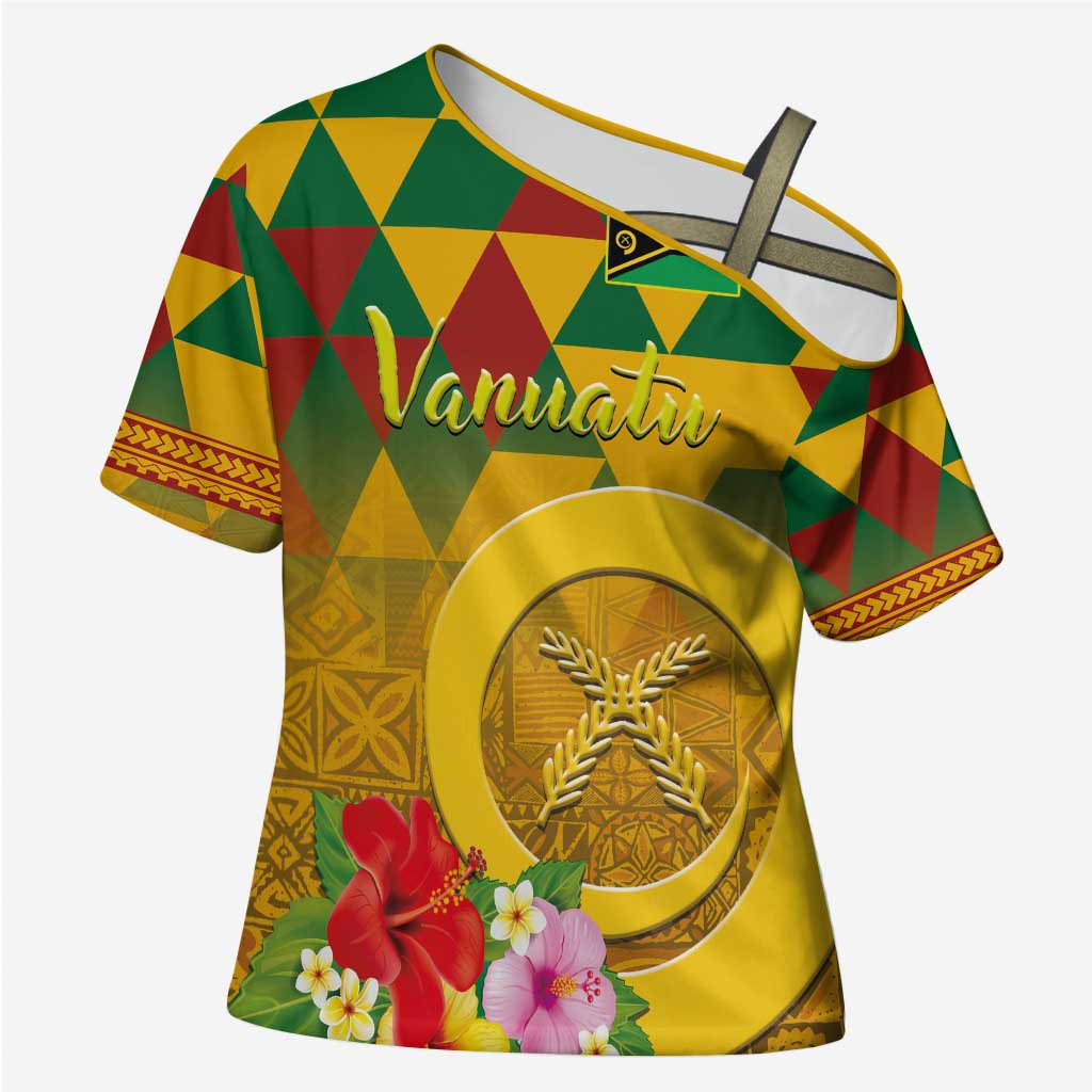 Melanesian Vanuatu Cross Shoulder Shirt With Tapa Tribal Pattern and Triangle Geometric Tricolor LT03 Female Yellow - Polynesian Pride