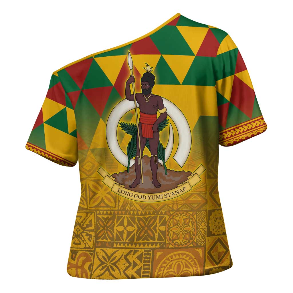 Melanesian Vanuatu Cross Shoulder Shirt With Tapa Tribal Pattern and Triangle Geometric Tricolor LT03 - Polynesian Pride
