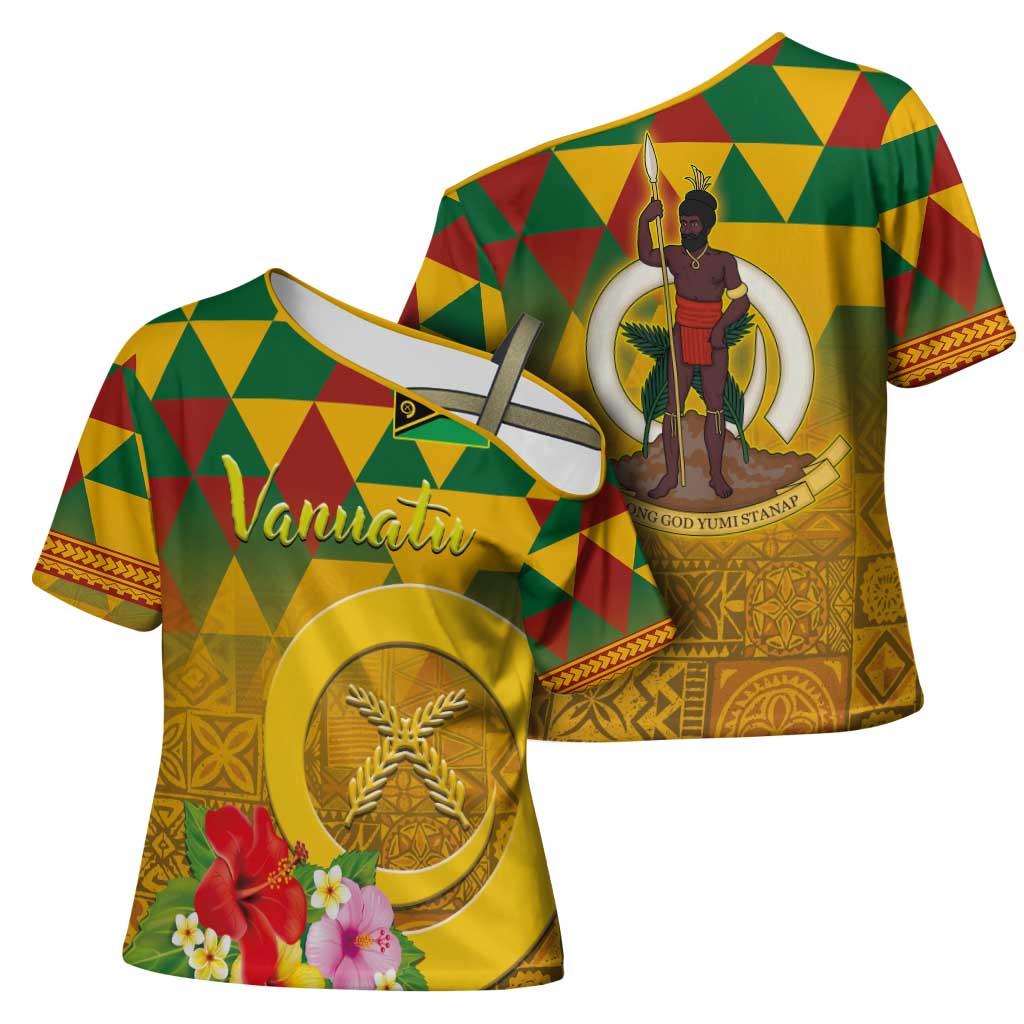Melanesian Vanuatu Cross Shoulder Shirt With Tapa Tribal Pattern and Triangle Geometric Tricolor LT03 - Polynesian Pride
