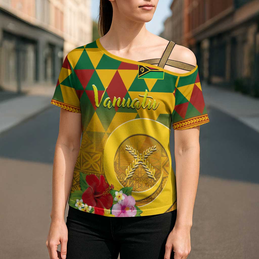 Melanesian Vanuatu Cross Shoulder Shirt With Tapa Tribal Pattern and Triangle Geometric Tricolor LT03 - Polynesian Pride