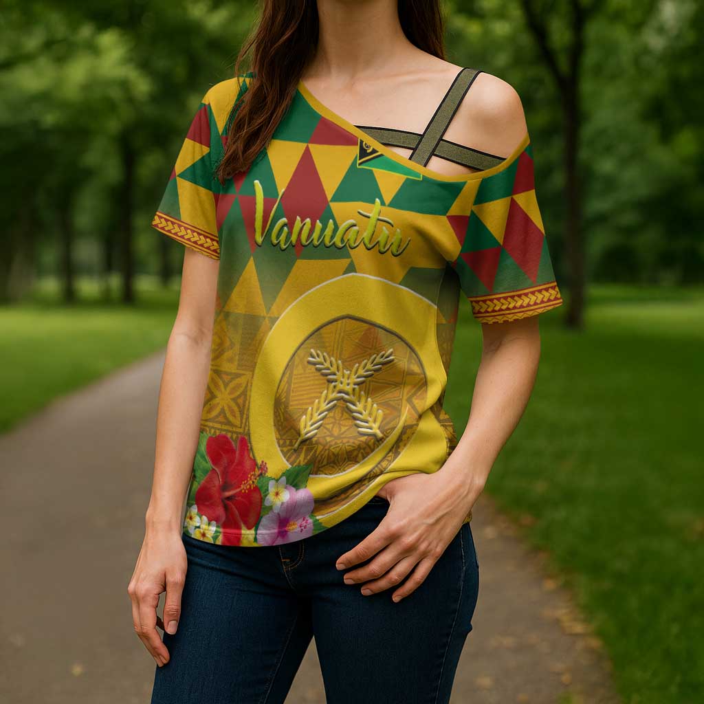 Melanesian Vanuatu Cross Shoulder Shirt With Tapa Tribal Pattern and Triangle Geometric Tricolor LT03 - Polynesian Pride