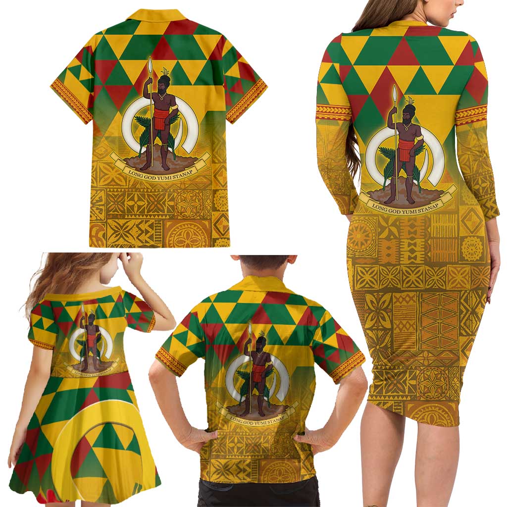 Melanesian Vanuatu Family Matching Long Sleeve Bodycon Dress and Hawaiian Shirt With Tapa Tribal Pattern and Triangle Geometric Tricolor - Polynesian Pride