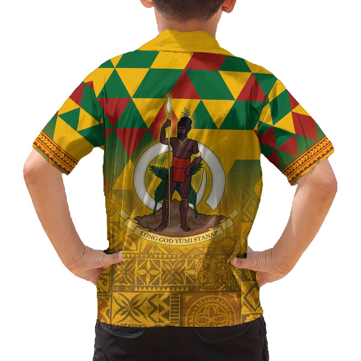 Melanesian Vanuatu Family Matching Off The Shoulder Long Sleeve Dress and Hawaiian Shirt With Tapa Tribal Pattern and Triangle Geometric Tricolor - Polynesian Pride