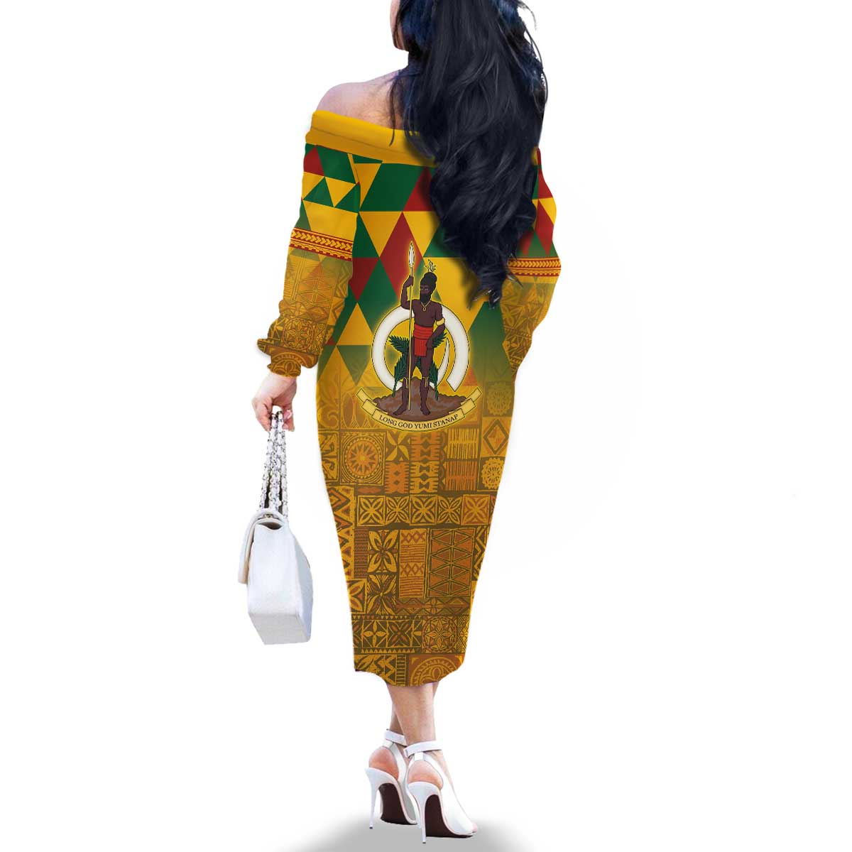 Melanesian Vanuatu Family Matching Off The Shoulder Long Sleeve Dress and Hawaiian Shirt With Tapa Tribal Pattern and Triangle Geometric Tricolor - Polynesian Pride