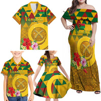 Melanesian Vanuatu Family Matching Off Shoulder Maxi Dress and Hawaiian Shirt With Tapa Tribal Pattern and Triangle Geometric Tricolor - Polynesian Pride