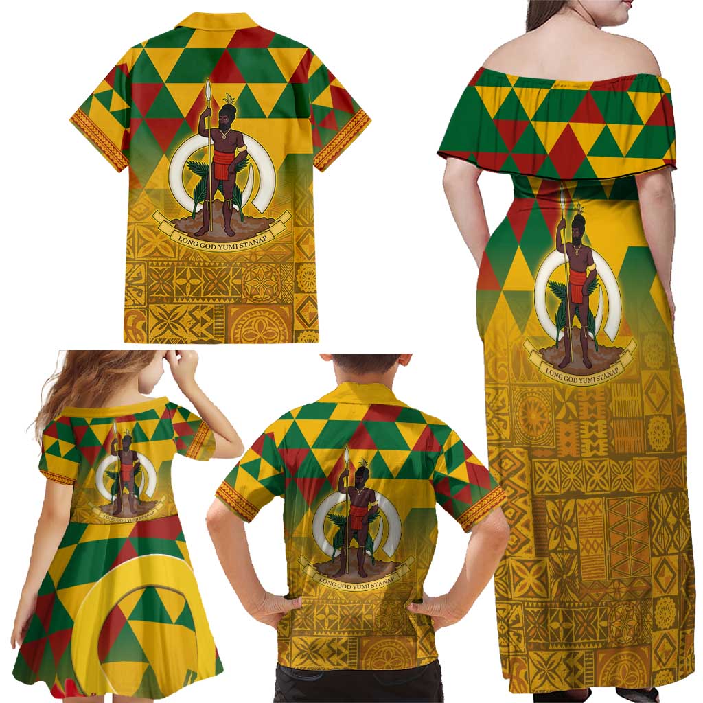 Melanesian Vanuatu Family Matching Off Shoulder Maxi Dress and Hawaiian Shirt With Tapa Tribal Pattern and Triangle Geometric Tricolor - Polynesian Pride