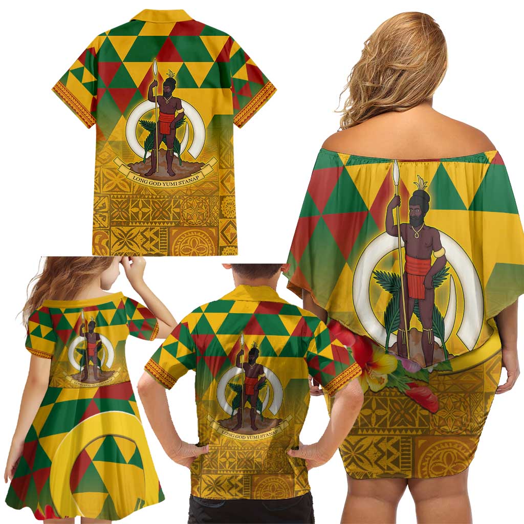 Melanesian Vanuatu Family Matching Off Shoulder Short Dress and Hawaiian Shirt With Tapa Tribal Pattern and Triangle Geometric Tricolor - Polynesian Pride