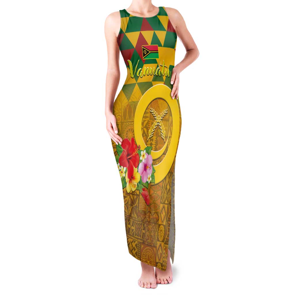 Melanesian Vanuatu Family Matching Tank Maxi Dress and Hawaiian Shirt With Tapa Tribal Pattern and Triangle Geometric Tricolor - Polynesian Pride